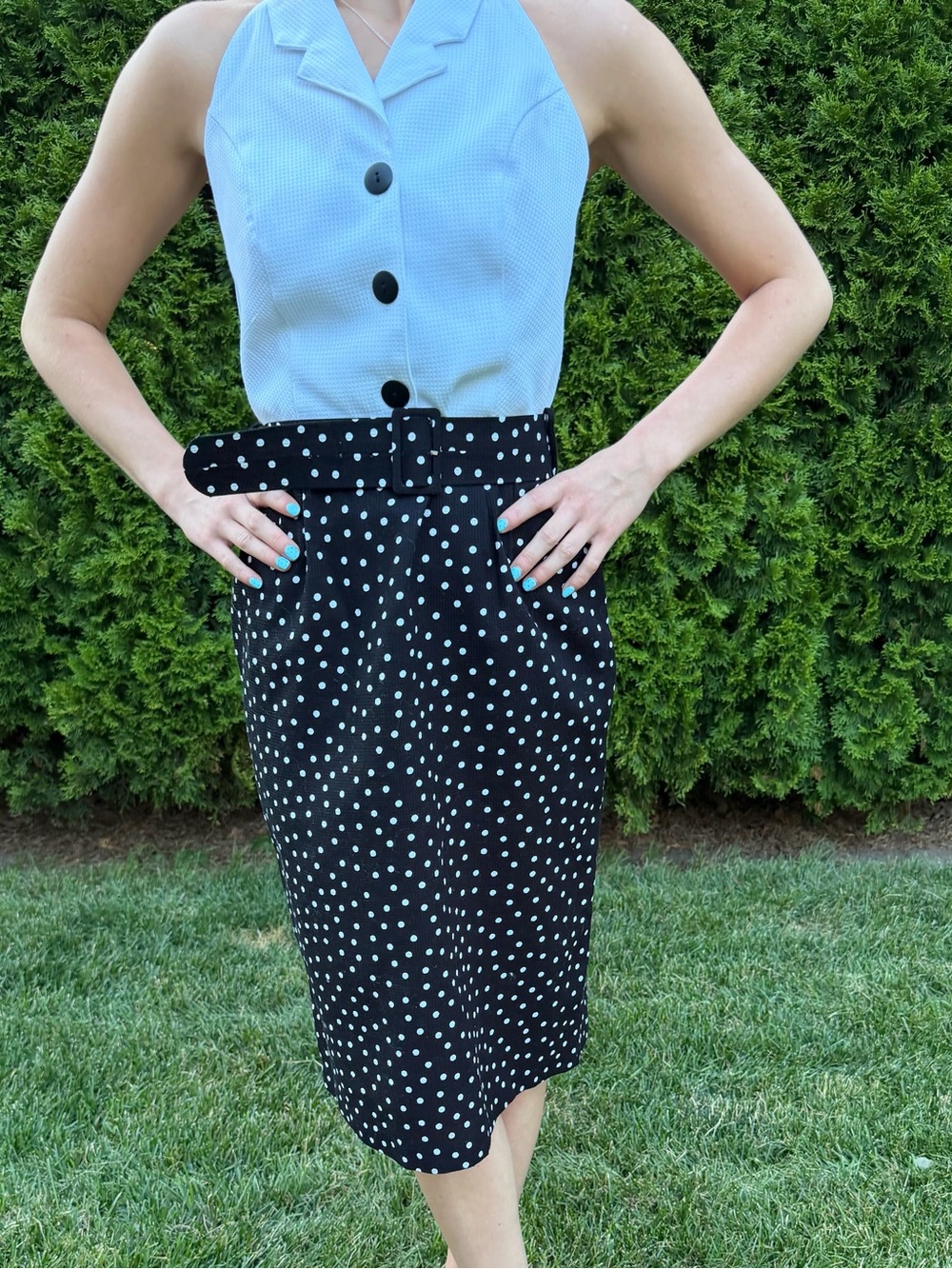 Polka Dot Belted Midi Skirt Dress- Black/White